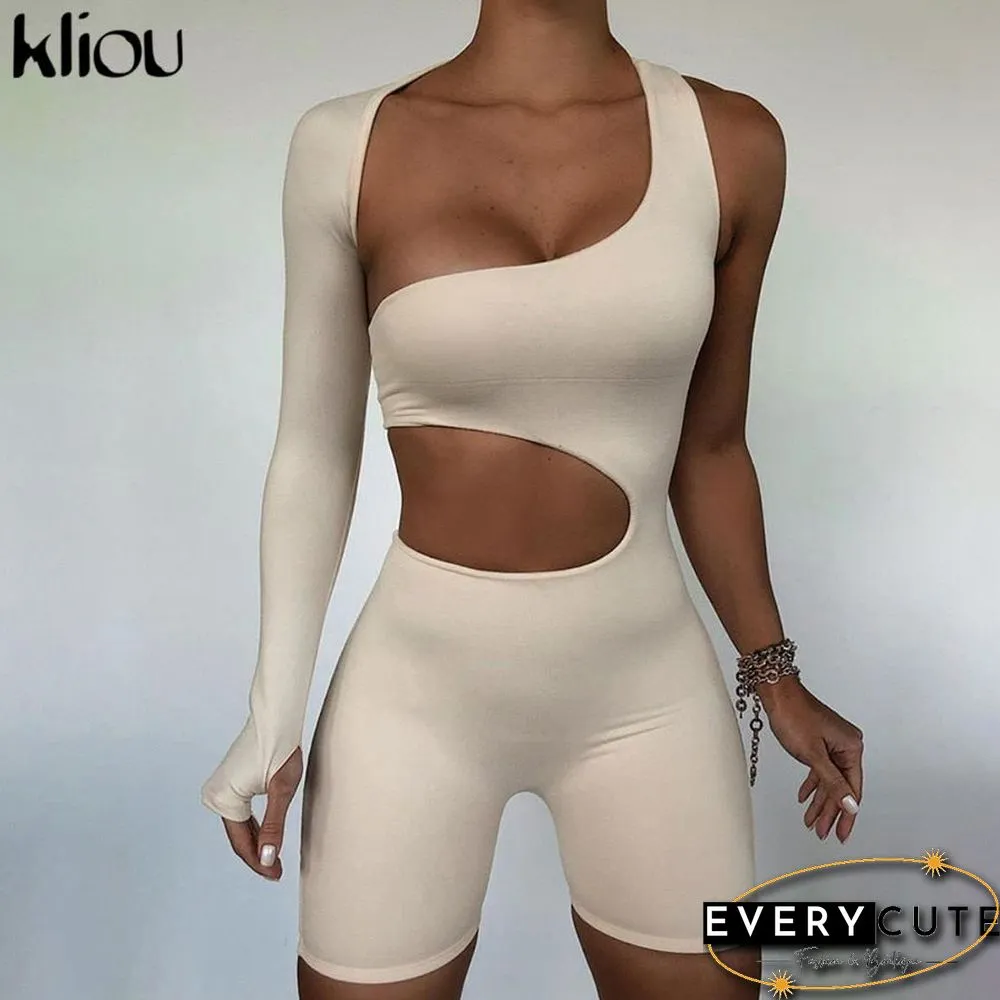 Kliou Asymmetrical Solid Women Rompers Basic Long Sleeve Casual Sportswear Streetwear Female Elastic High Waist Jumpsuits