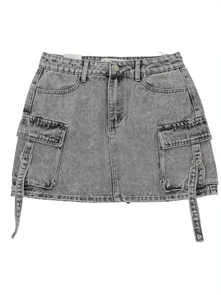 Sexy Plus Size Women's Vintage Denim-Style Mini Skirt | Dark Grey Casual Summer Skirt With Side Pockets | Machine Washable & Dry Cleanable