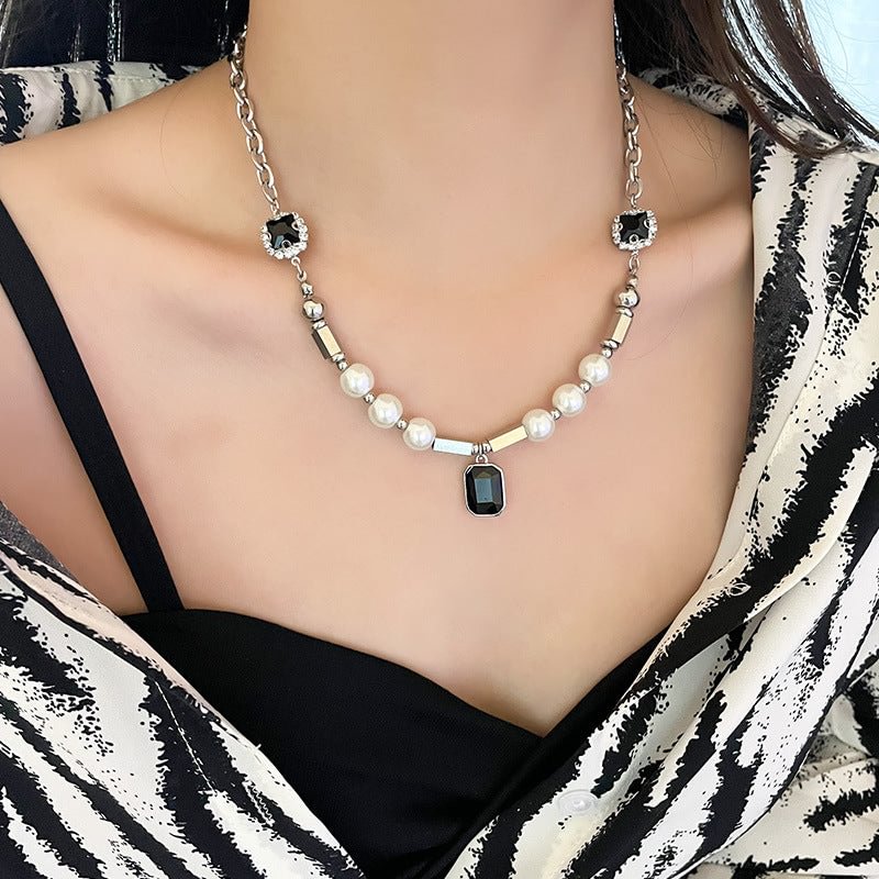 Metallic Silver Panel Gemstone Pearl Pendant Necklace