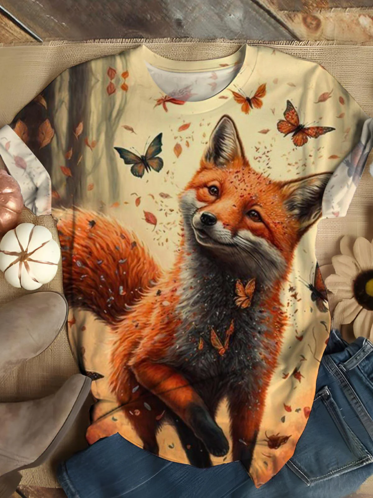 Crew Neck Fall Fox Print Top