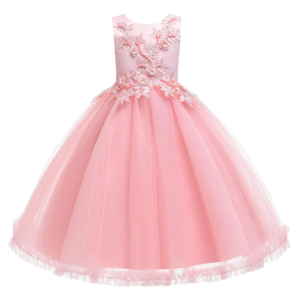 Pink Knee-Length Tulle Flower Girl Dress For Kids Round Neck Embroidered Child Party Dress For Girl 3-12 Years Old Sleeveless