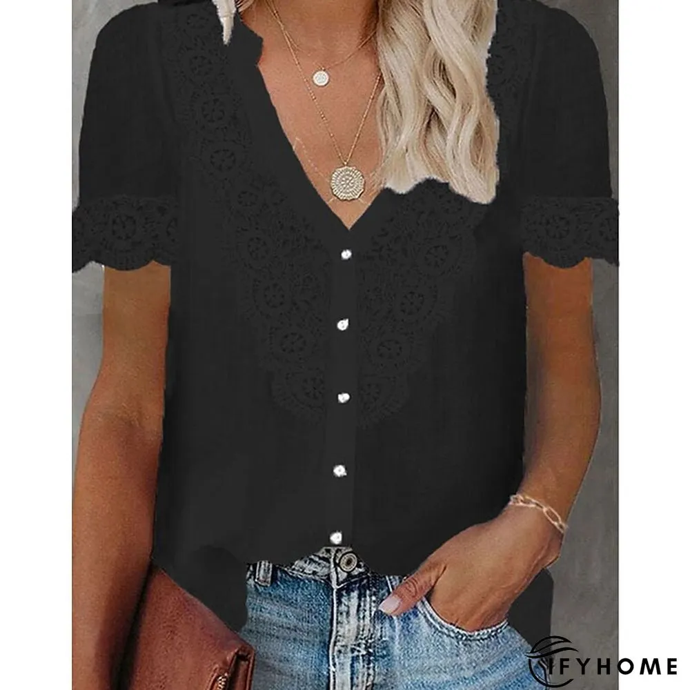 Womens Shirt Blouse Black White Pink Plain Lace Patchwork Short Sleeve Daily Weekend | IFYHOME