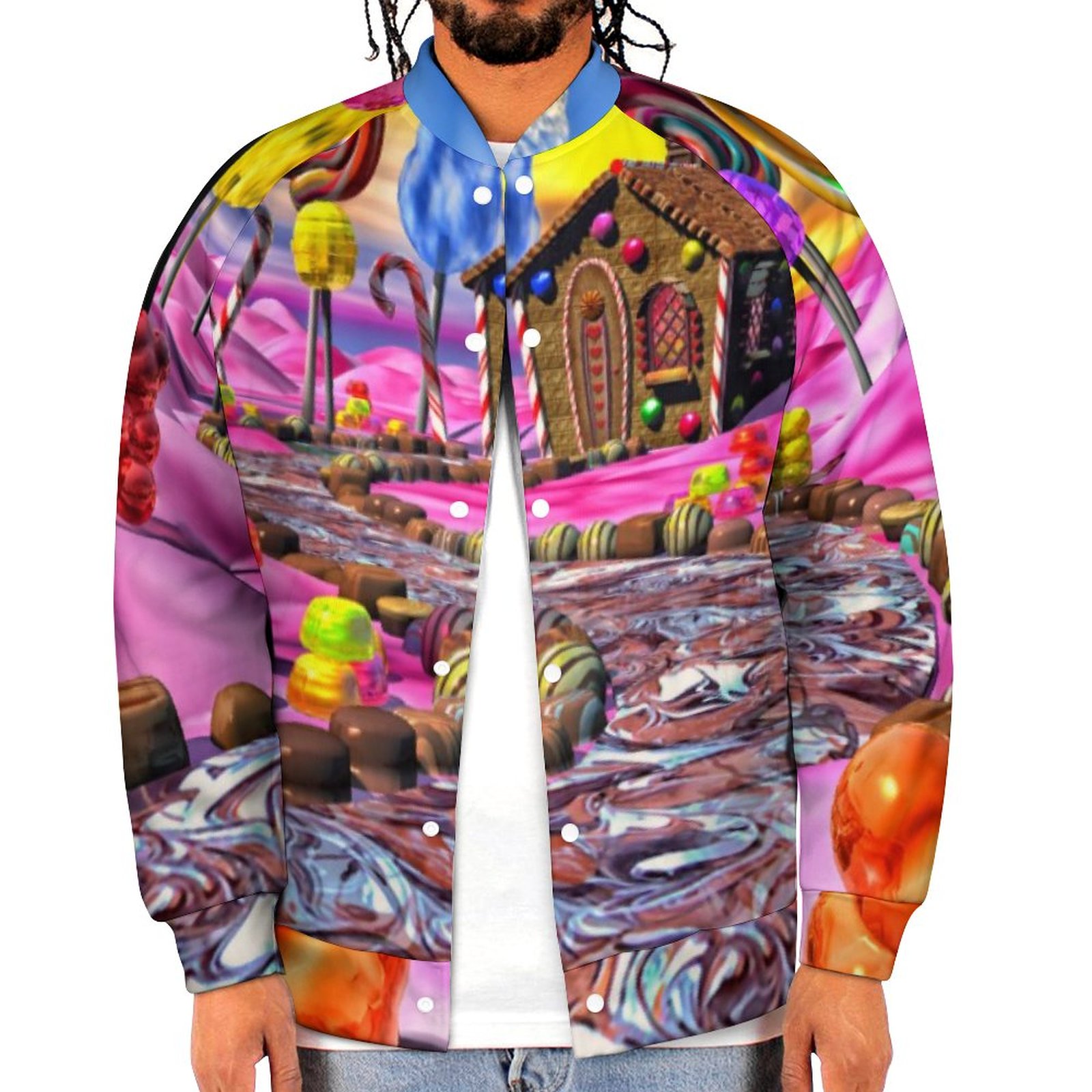 Spring and Fall Pink Candyland Sweatshirt Jacket Mens Casual Lightweight Button Up Bomber Jacket Outwear