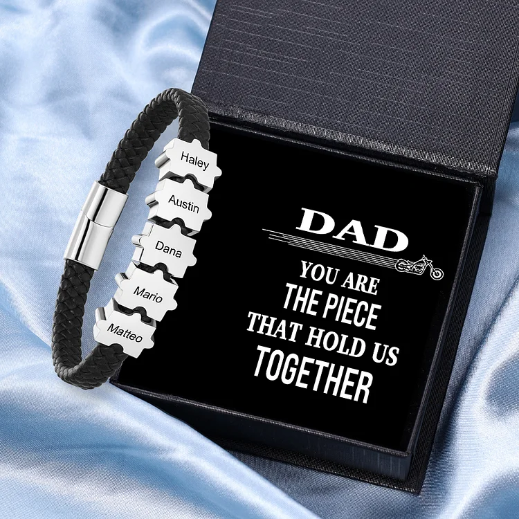 Custom Family Puzzle Bracelet Engrave 5 Names Leather Bracelet Father's Day Gifts for Dad