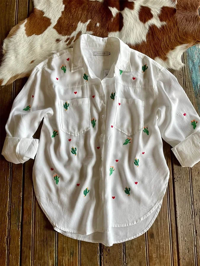 Women's Retro Western Cactus Embroidered Shirt