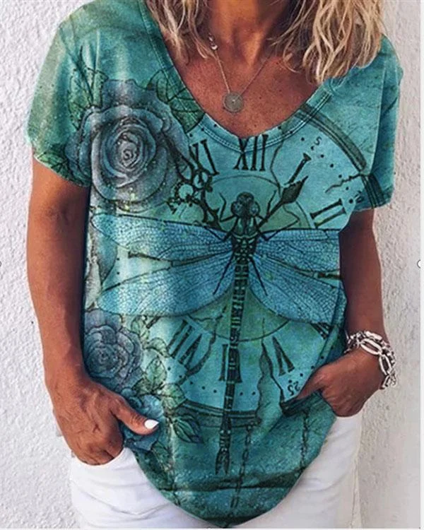 Dragonfly Printed Short Sleeve Loose T-shirts