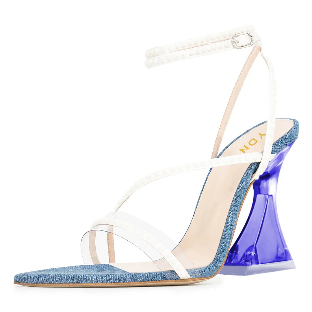 White & Blue Patchwork Open-Toe Studded Flared Heeled Sandals