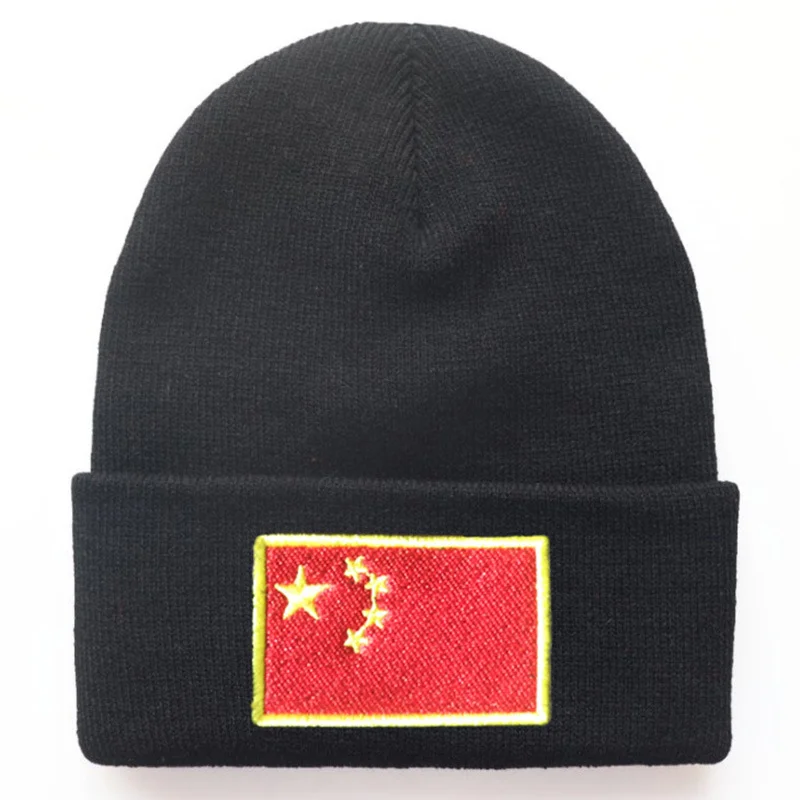 China Flag Embroidered Knitted Beanie hip hop wool hat for warmth