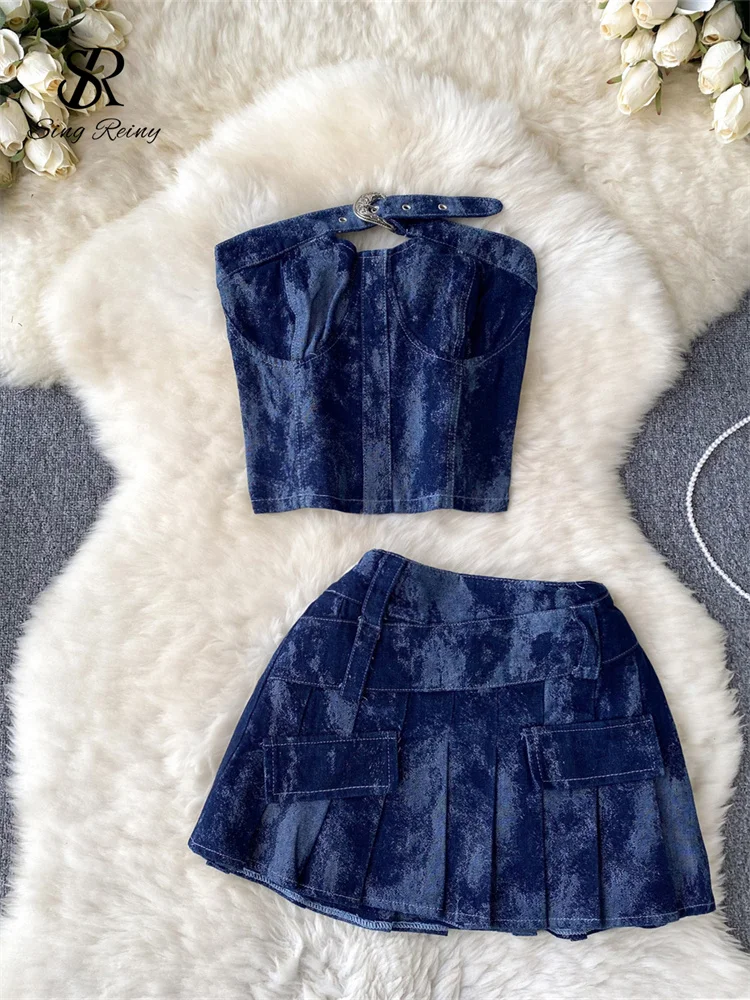 Huibahe High Street Denin Two Pieces Sets Strapless Backless Mini Tops+Short Zipper Pleated Skirt Women Sexy Y2k Senior Suits