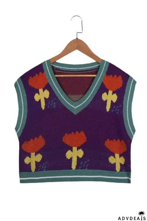 Flower V Neck Sweater Vest