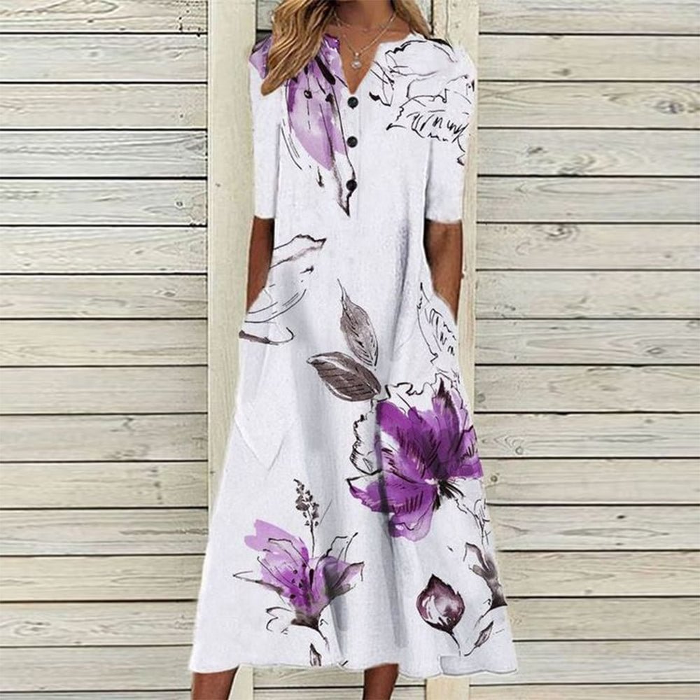 Modern 3/4 Sleeve Floral Print Midi Dress