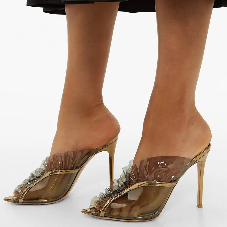 Gold Transparent PVC Ruffle Mule Heels |FSJ Shoes