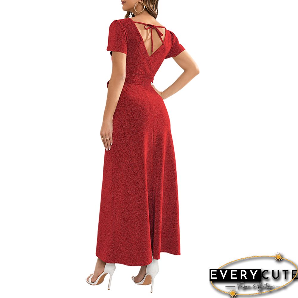 Red Cross Open Back V Neck Maxi Dress With Belt