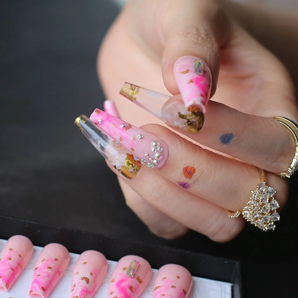 Rhinestone crystal design Pink Luxury Ombre extra Coffin Press on nails Gel Abstract smudge art crystal fake nails Custom logo-Nail Inspo