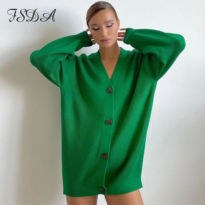 FSDA 2021 Autumn Winter Green Cardigan Oversized Women Long Sleeve Button Casual Loose Knitted Sweater Fashion