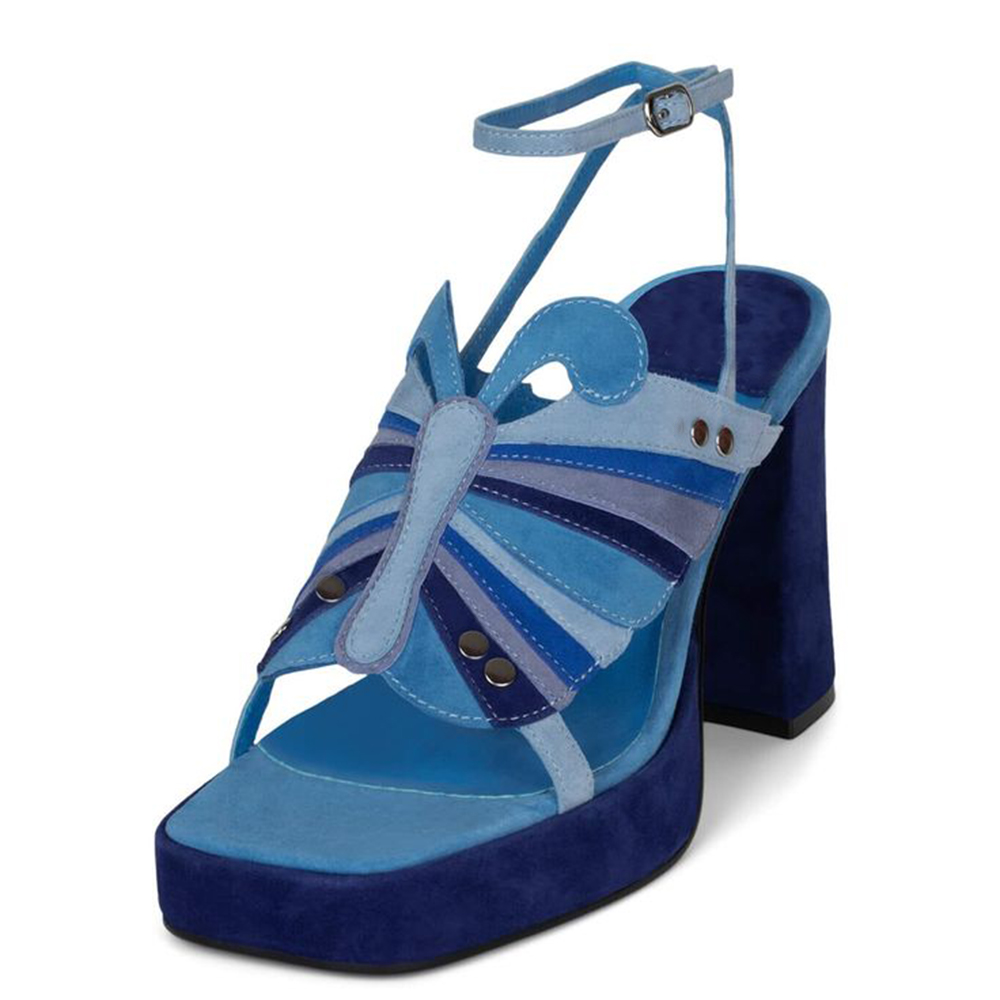 Blue Butterfly Square Toe 4'' Chunky Heel Ankle Strap Platform Sandals Nicepairs