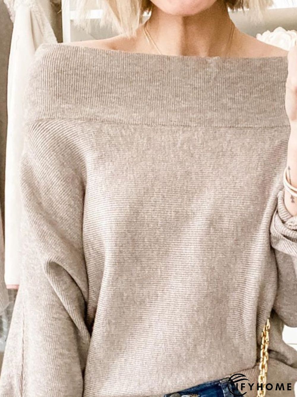 Light Coffee Solid Off Shoulder Cold Shoulder Casual Long Sleeve Sweater | IFYHOME