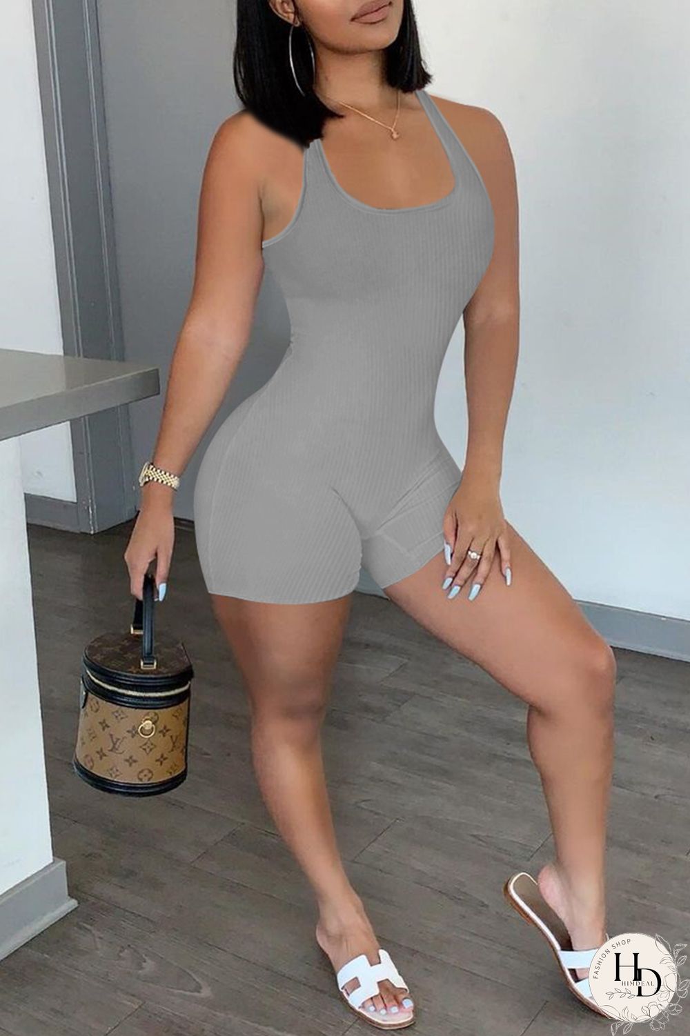 Army Green Casual Sportswear Solid Backless U Neck Skinny Romper