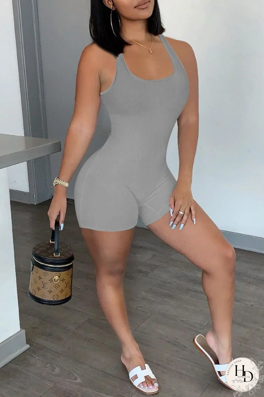 Army Green Casual Sportswear Solid Backless U Neck Skinny Romper