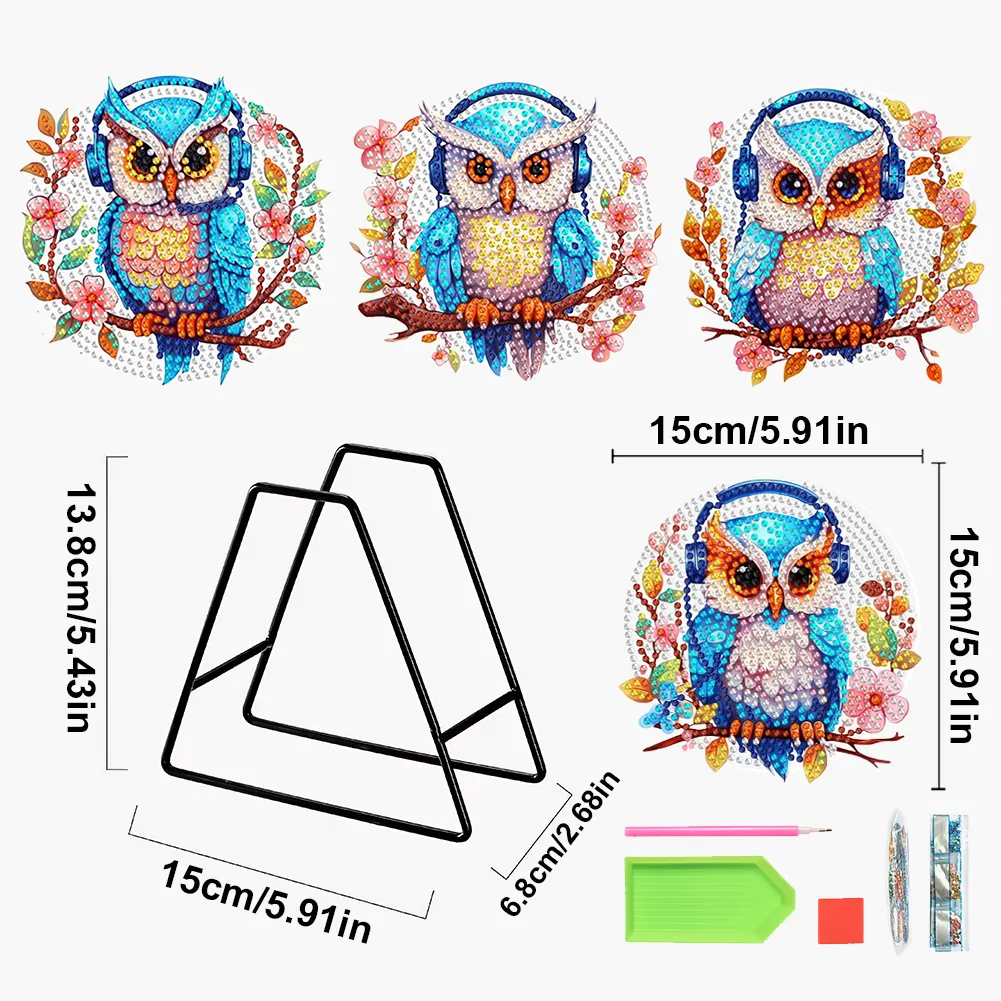 4Pcs Wooden Diamond Painting Placemats Round Diamond Art Table Mats (Owl B)
