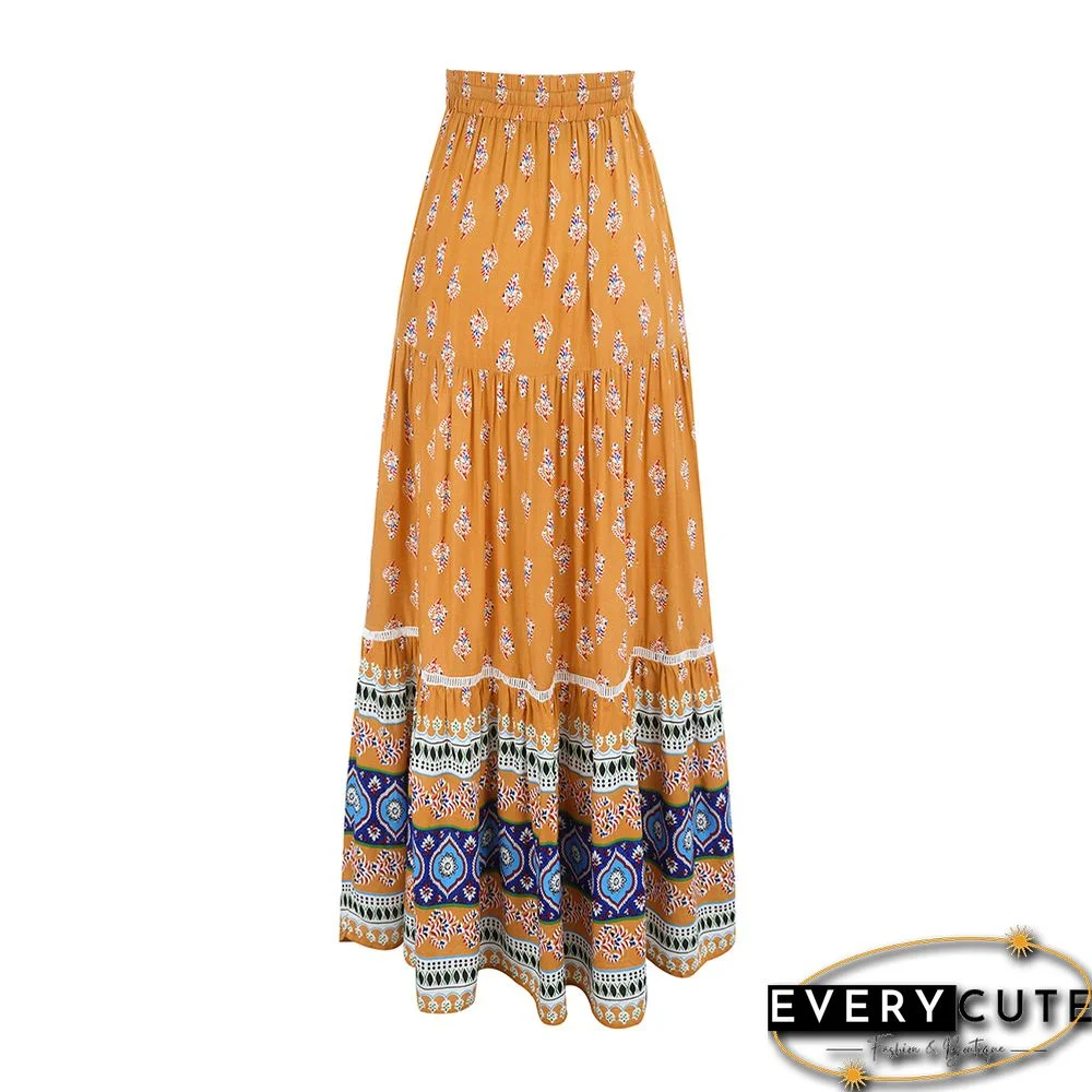 Yellow Floral Print Elastic Waist Pocket Midi Skirt