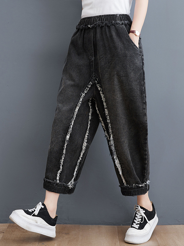 Frayed Edges Trim Side Pocket Vintage Loose Harem Jeans