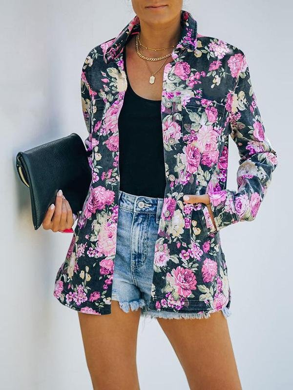 Mayoulove Flowers printed lapel thin outerwear-Mayoulove