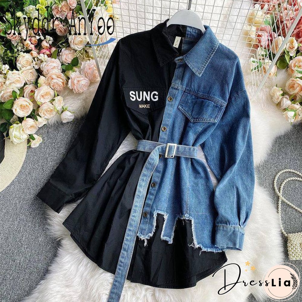 Women's Blouse Autumn Long Sleeve Shirt Tops Jeans Patchwork Plaid Blouses Elegantes Blusas para mujer Slim Shirt Dress