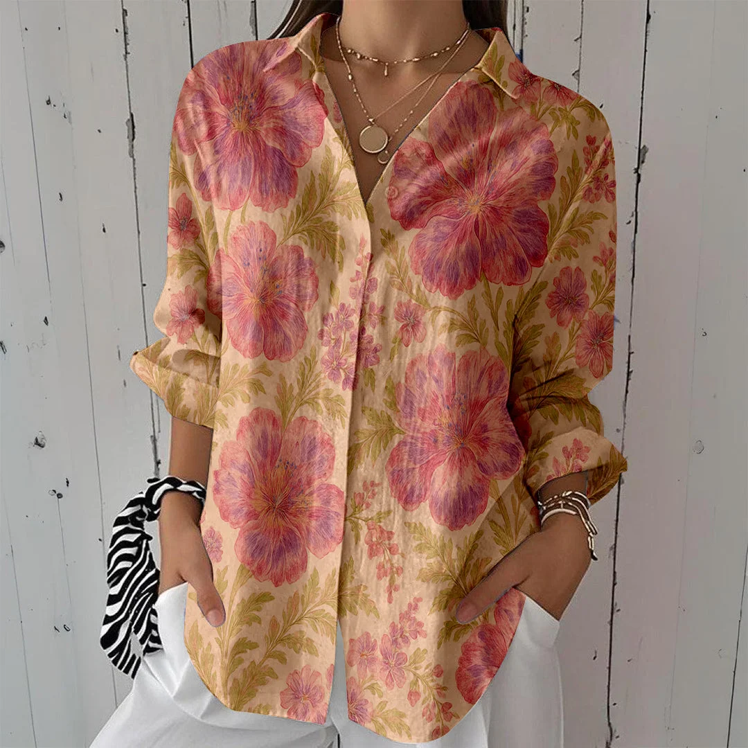 Style & Comfort for Mature Women Women Floral, Pink, Beige DZCL0410 3/4 Sleeve Shirt Collar Printed Button Tops