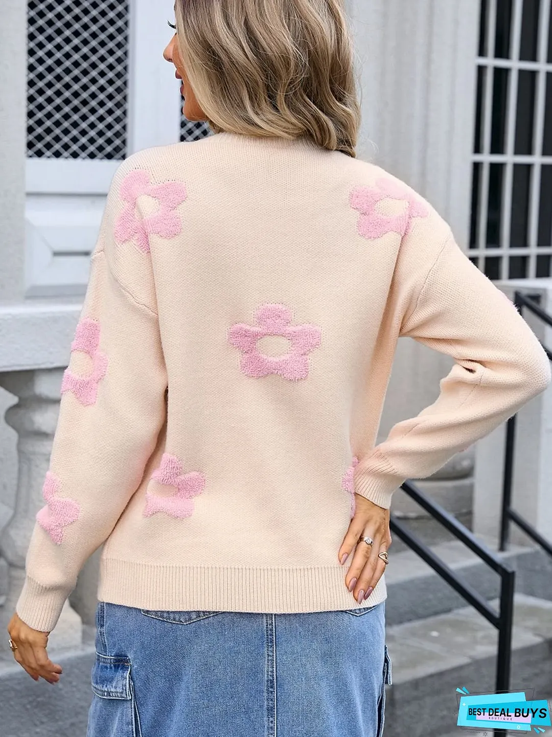 Flower Round Neck Long Sleeve Sweater