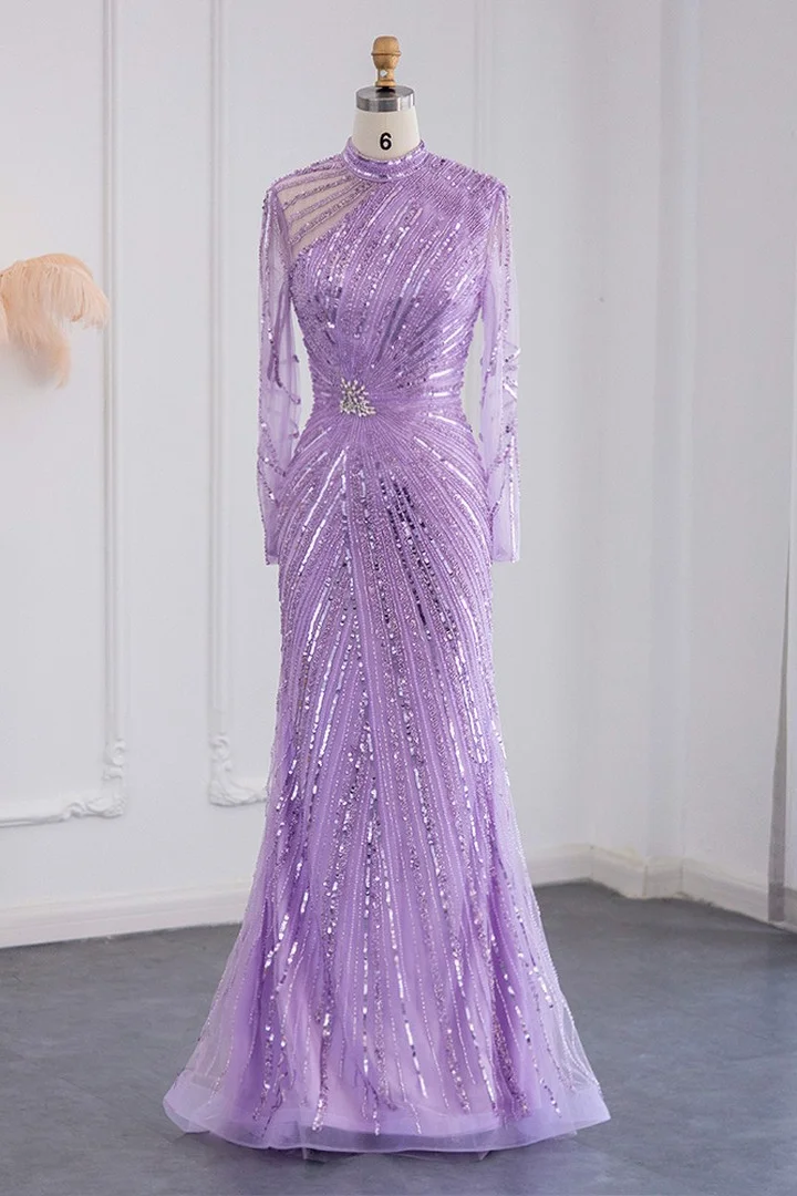 Daisda Violet High Neck Mermaid Evening Dress Tulle Long Sleeves With Sparkle Appliques