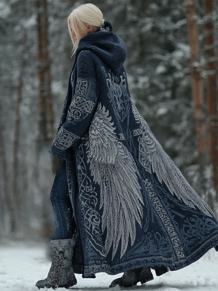 Vintage Viking Style Viking Wing Celtic Knot Deep Gray Long Needle Hooded Cardigan elevenforest