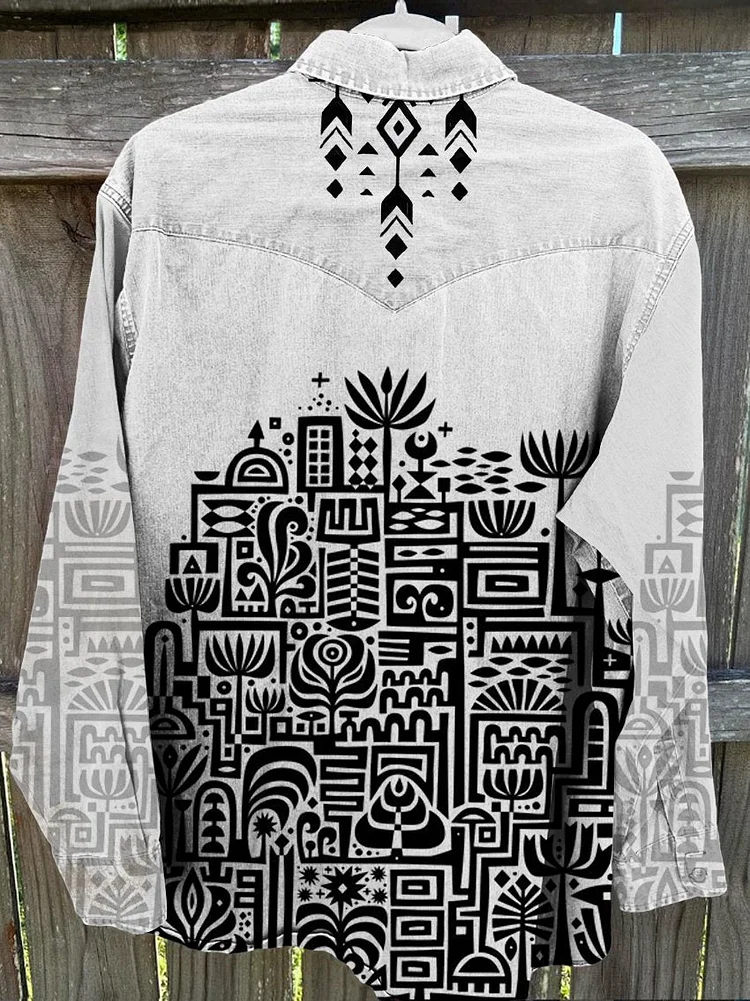 Black and White Art Pattern Vintage Print Casual Shirt