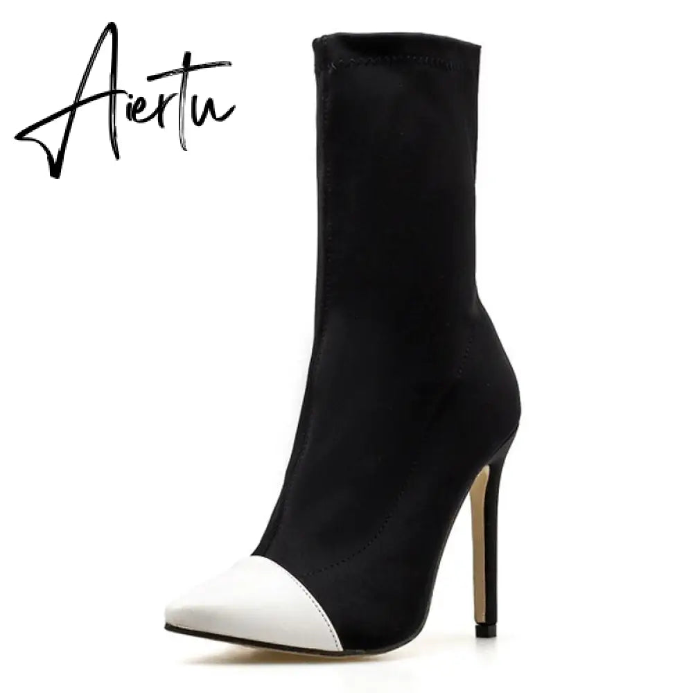 Aiertu New Women Sock Boots Pointed Toe Elastic High Boots Slip On High Heel Ankle Boots Women Pumps Stiletto Botas Aiertu