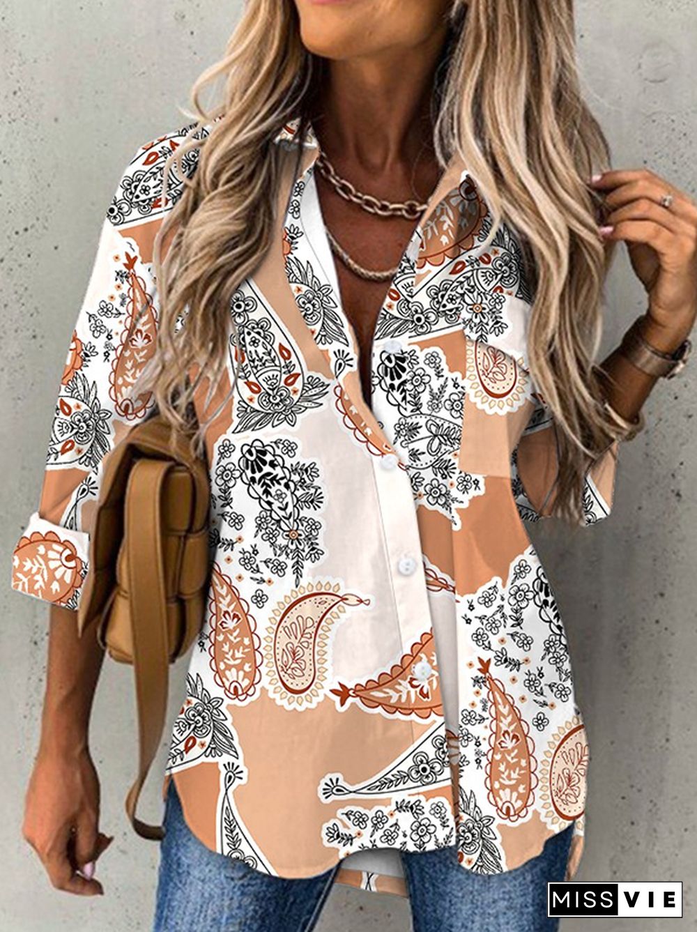 Casual Printed Shirt Collar Long Sleeve Blouse
