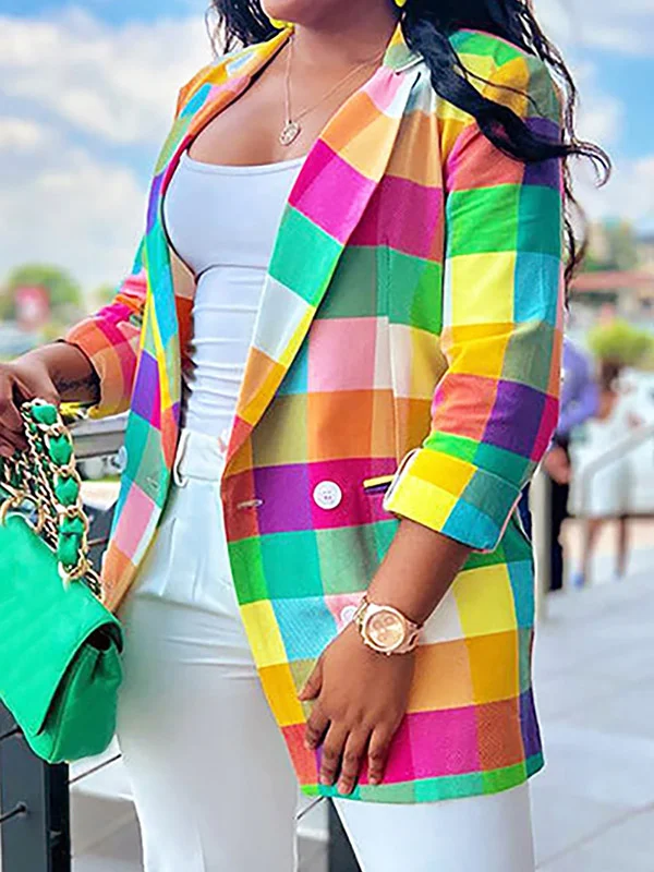 Buttoned Contrast Color Multi-Colored Plaid Plus Size Three-Quarter Sleeves Notched Collar Outerwear Blazer