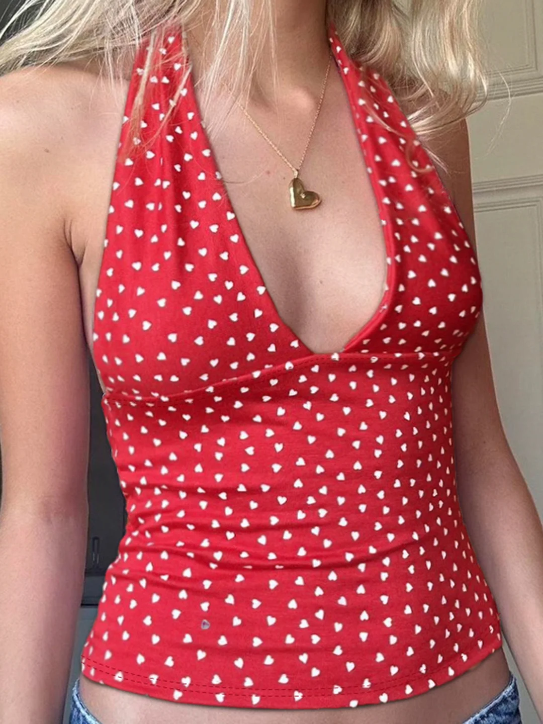 Fashion Y2k Sweet Halter Women Tanks Skinny Sleeveless Print V-Neck Backless Blouses