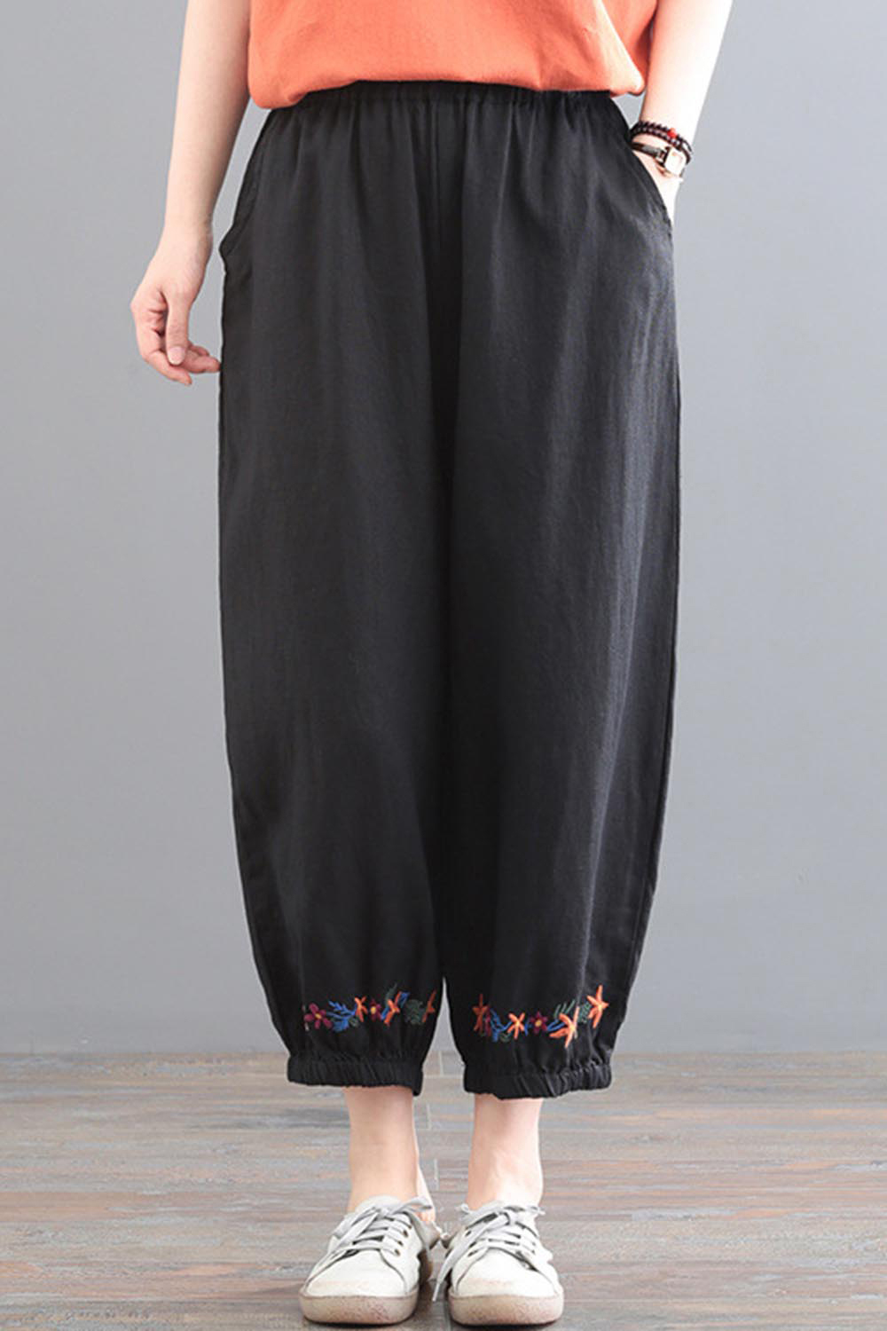 Plus Size Casual Beige Cotton And Linen Embroidery Elastic Waist Pocket Harem Pants 2024 - Flycurvy 