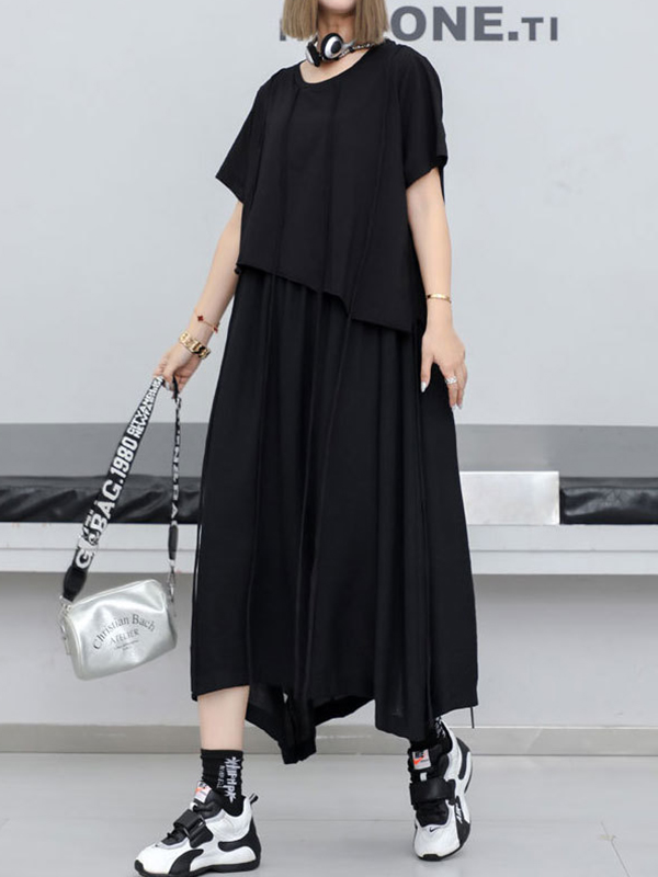 Oversize Solid Color Round Neck A-Line Midi Dress