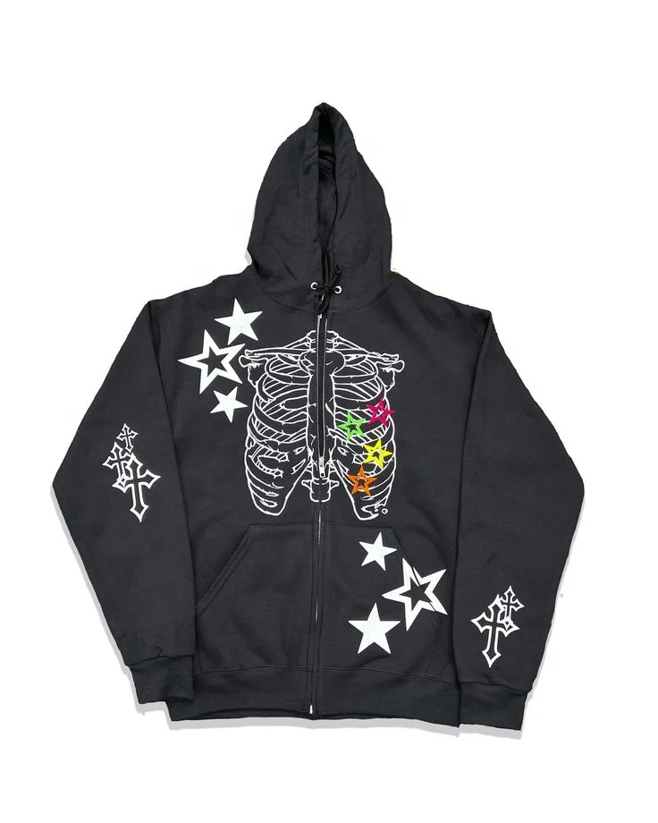 Skull Star Graphic Y2K Men's Oversized Zip Up Hoodie Jackets-VESSFUL