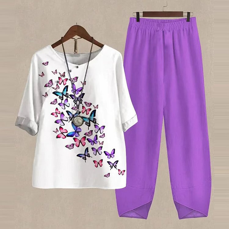 VChics Casual Butterfly Print Two Pieces Set