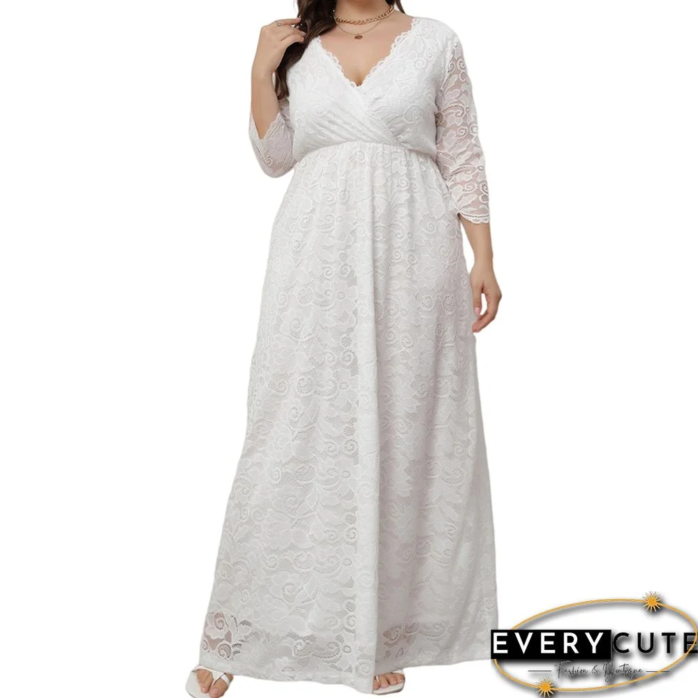 White V-Neck Lace Plus Size Dress