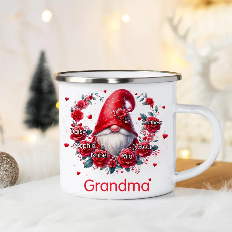 Personalized Gnome Enamel Mug Customized with 2–11 Names Cup Rose Gifts for Grandma/Mother