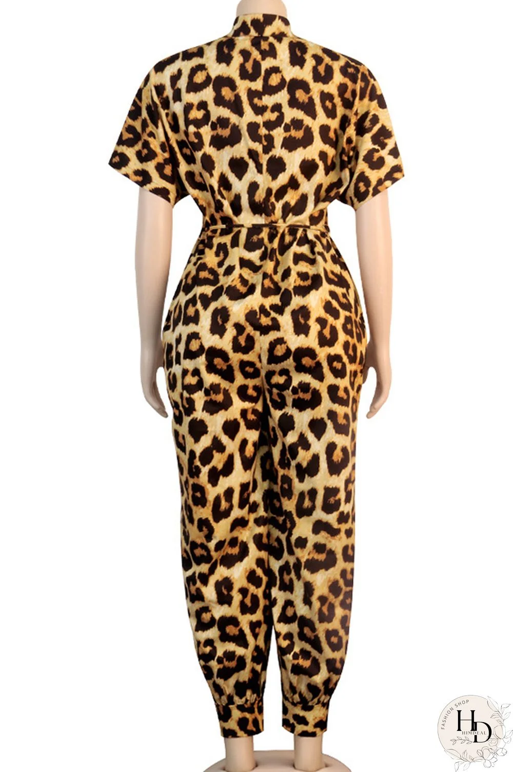 Yellow Sexy Leopard grain bandage Long Sleeve Turndown Collar Jumpsuits