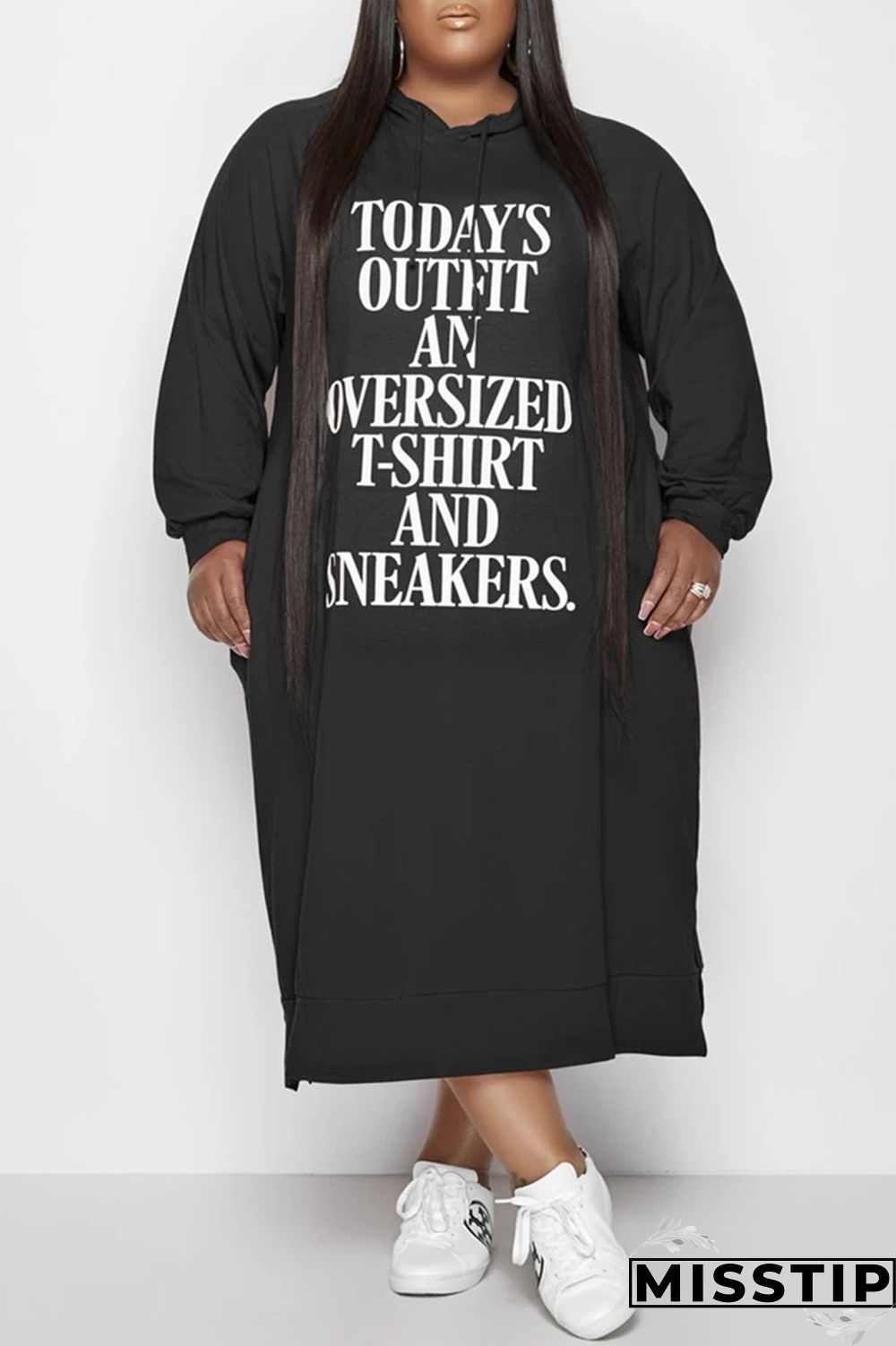 Tangerine Red Fashion Casual Letter Print Basic Hooded Collar Long Sleeve Plus Size Dresses