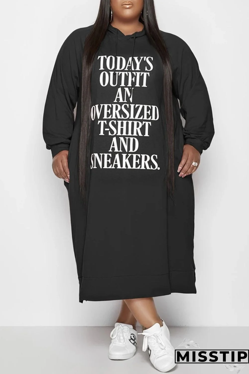 Tangerine Red Fashion Casual Letter Print Basic Hooded Collar Long Sleeve Plus Size Dresses