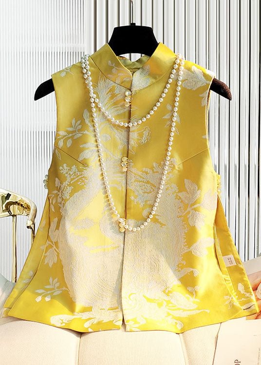 DIY Yellow Stand Collar button side open Jacquard Satin vest Spring CK1330- Fabulory