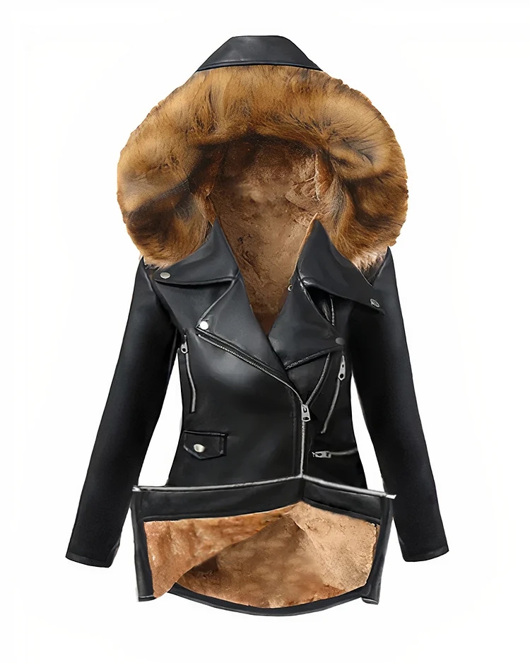 PU Leather Fuzzy Thermal Lined Zip Up Hooded Jacket