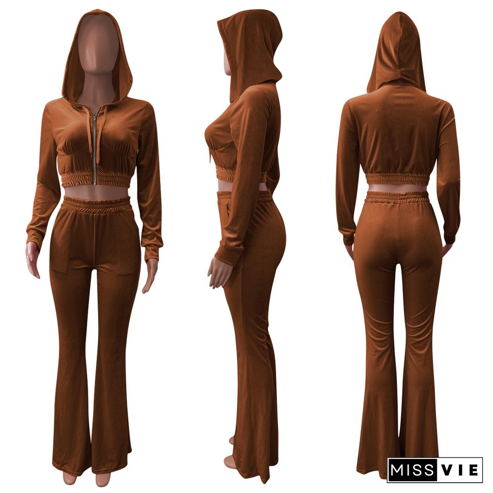 Velvet Solid Zipper Hooded Crop Tops Flare Pants Set