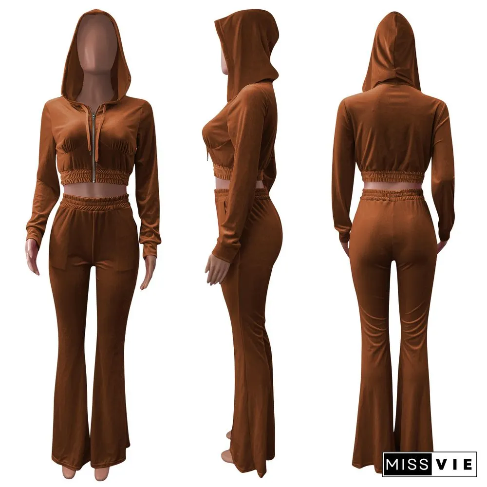 Velvet Solid Zipper Hooded Crop Tops Flare Pants Set